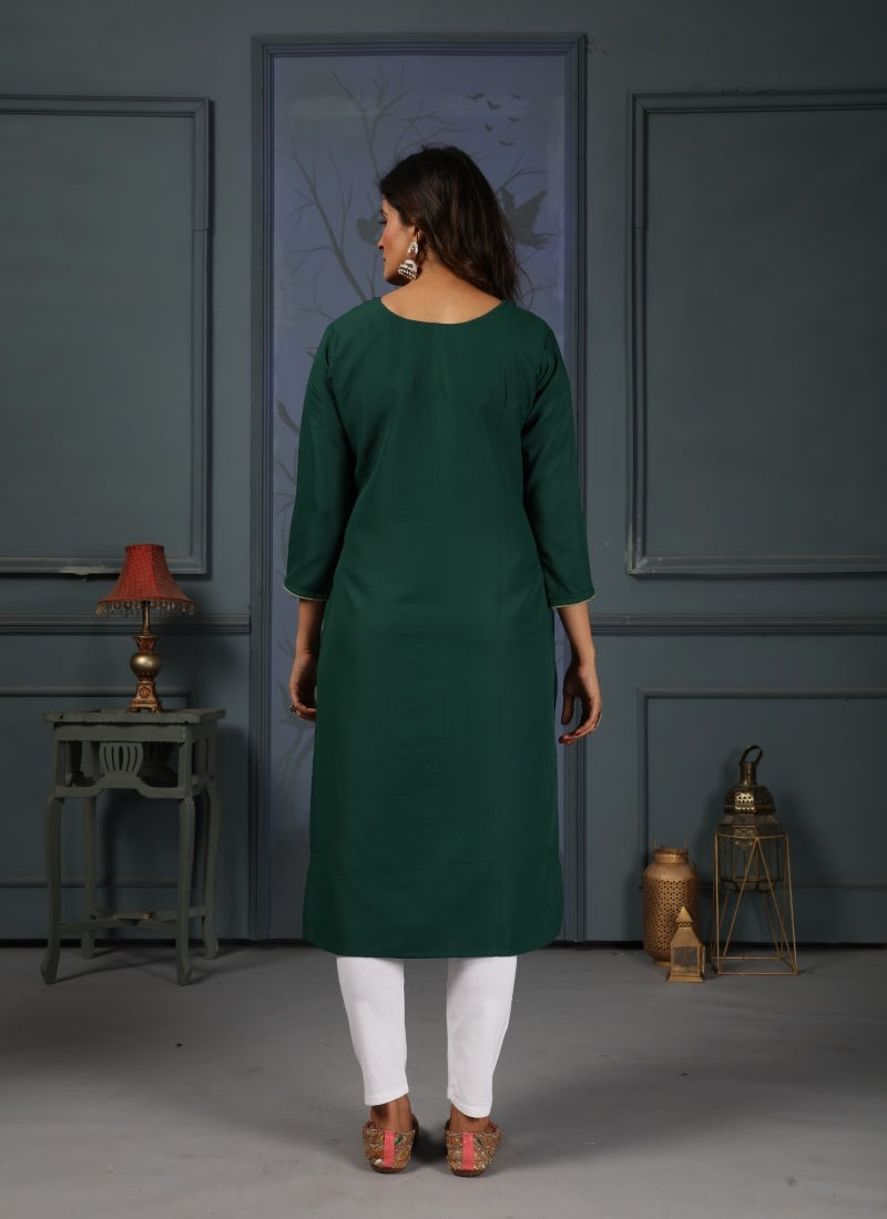 Green Cotton Pocket Kurti With Embroidery Work and Pent