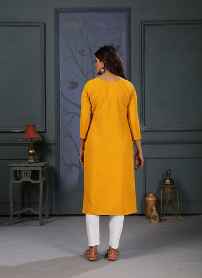 Yellow Cotton Pocket Kurti With Embroidery Work and Pent