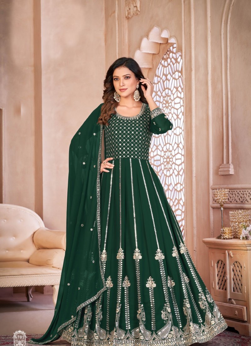 Green Georgette Anarkali Suit with Embroidered Work