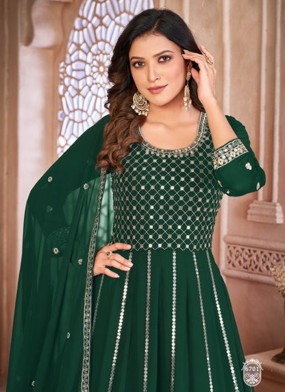 Green Georgette Anarkali Suit with Embroidered Work-2