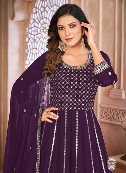 Purple Georgette Anarkali Suit with Embroidered Work-2