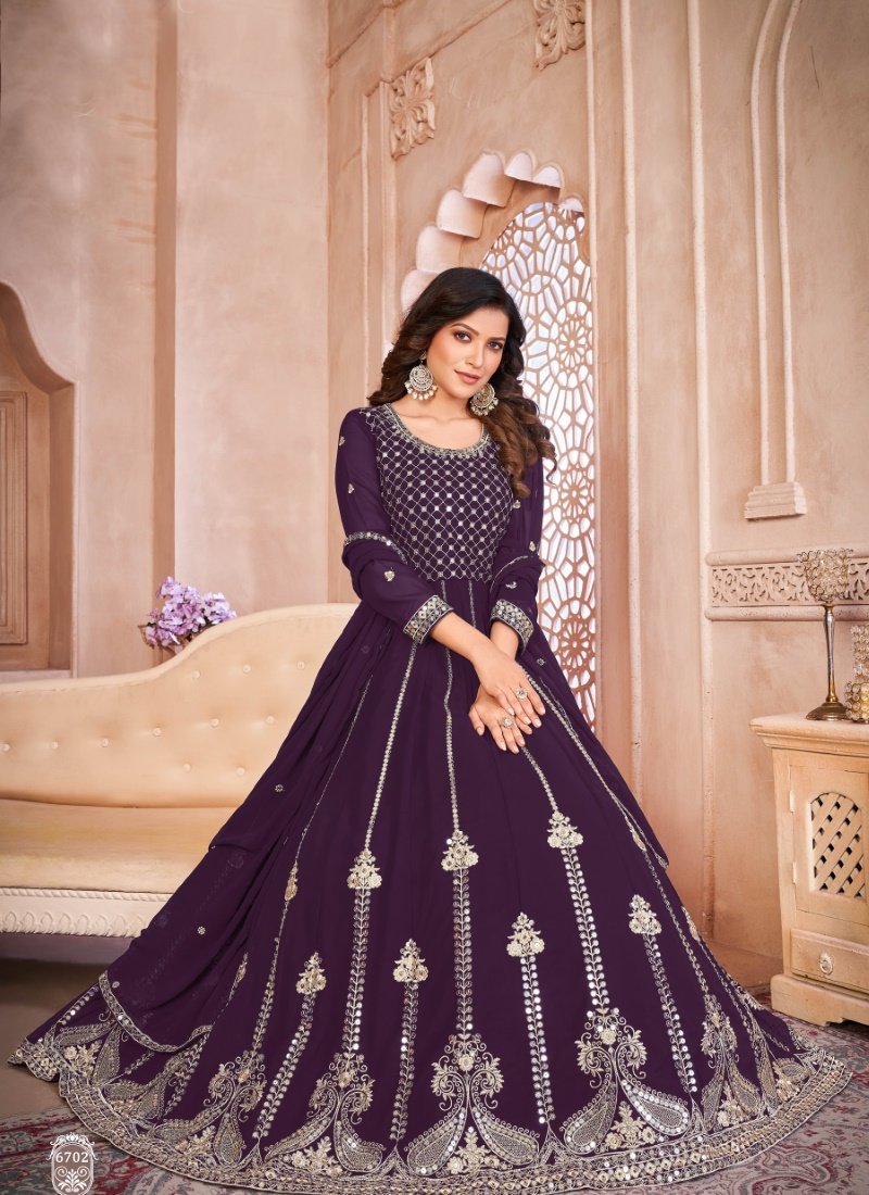 Purple Georgette Anarkali Suit with Embroidered Work-2