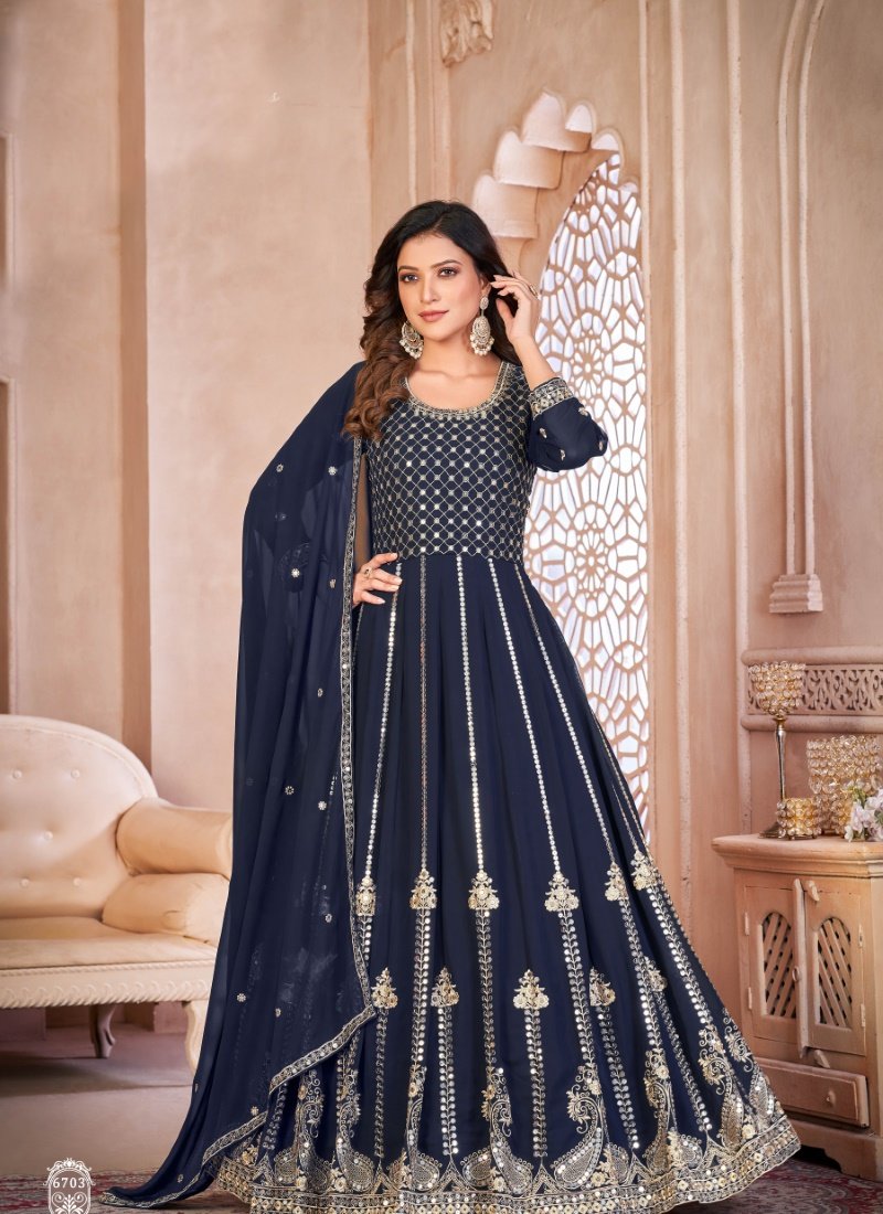 Blue Georgette Anarkali Suit with Embroidered Work