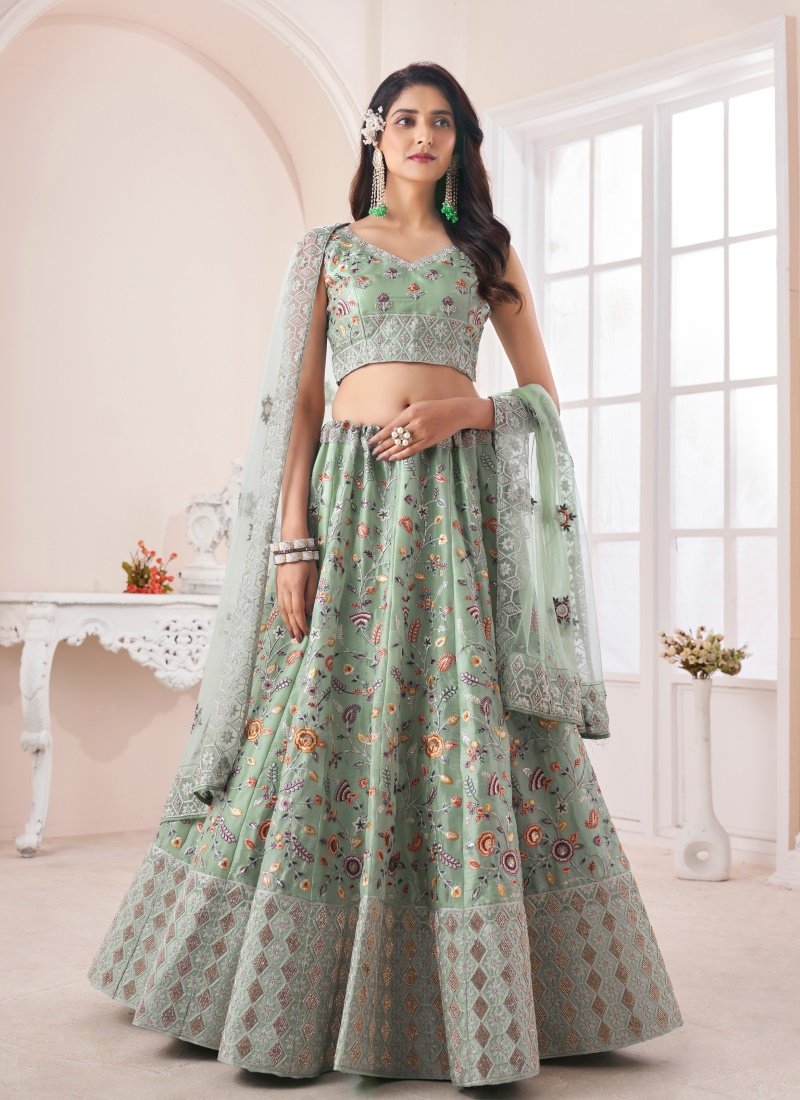 Pista Green Art Silk Lehenga Choli With Thread, Dori and Zari Work