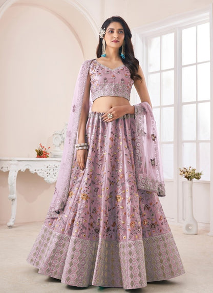 Lavender Art Silk Lehenga Choli With Thread, Dori and Zari Work