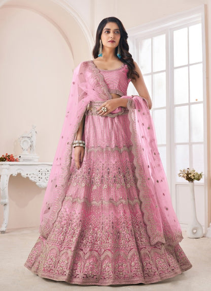 Pink Net Lehenga Choli With Thread, Dori and Sequins Work