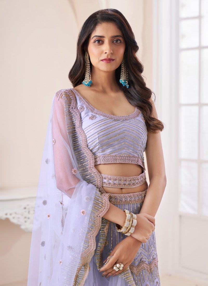 Light Blue Net Lehenga Choli With Thread, Dori and Sequins Work-2