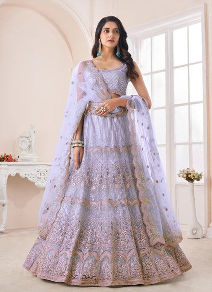 Light Blue Net Lehenga Choli With Thread, Dori and Sequins Work