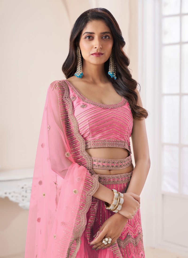 Pink Net Lehenga Choli With Thread, Dori and Sequins Work-2