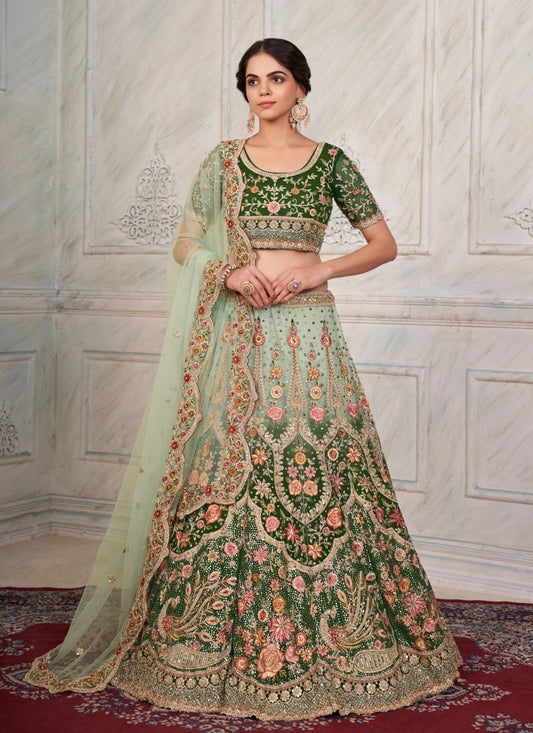 Green Net Lehenga Choli With Thread, Dori and Stone Work