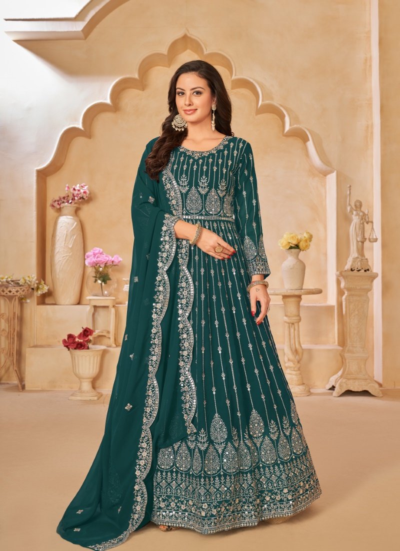 Green Georgette Embroidered Anarkali Suit