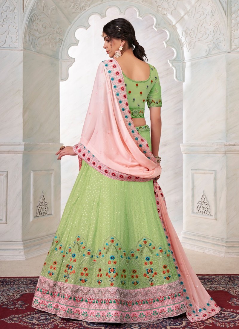 Pista Green Georgette Lehenga Choli With Thread, Dori and Stone Work-2