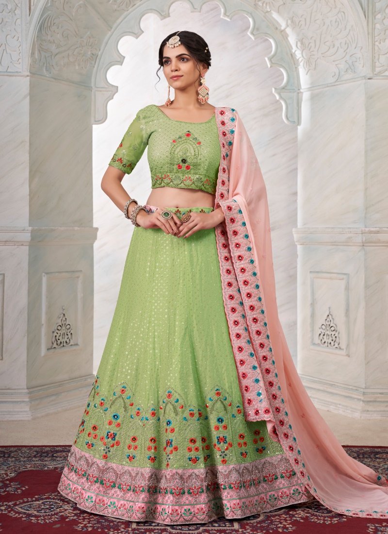 Pista Green Georgette Lehenga Choli With Thread, Dori and Stone Work