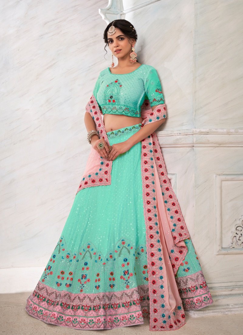 Sea Green Georgette Lehenga Choli With Thread, Dori and Stone Work