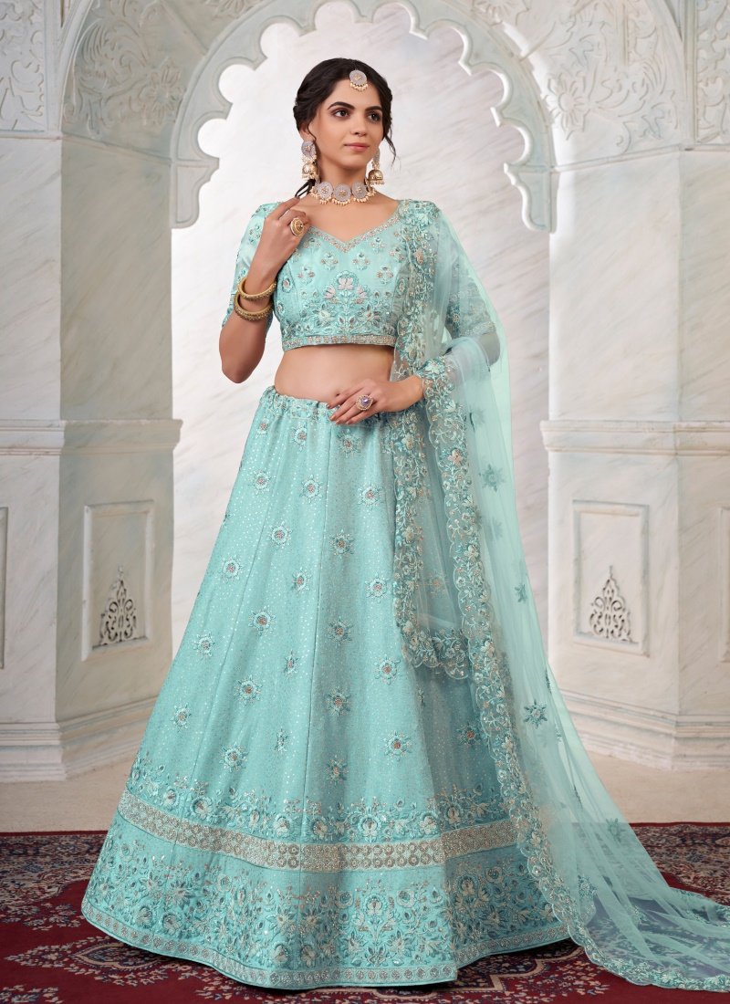 Sky Blue Art Silk Lehenga Choli With Thread, Dori and Sequins Work