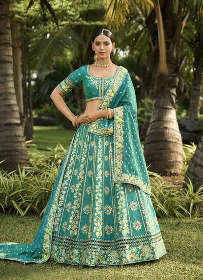 Green Banarasi Silk Lehenga Choli With Embroidery and Sequins Work