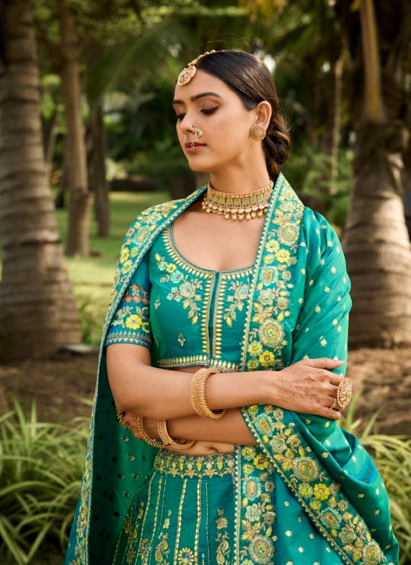 Green Banarasi Silk Lehenga Choli With Embroidery and Sequins Work