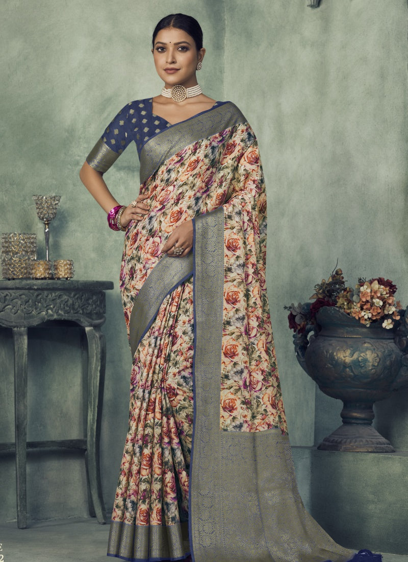 Blue Silk Digital Floral Printed Saree