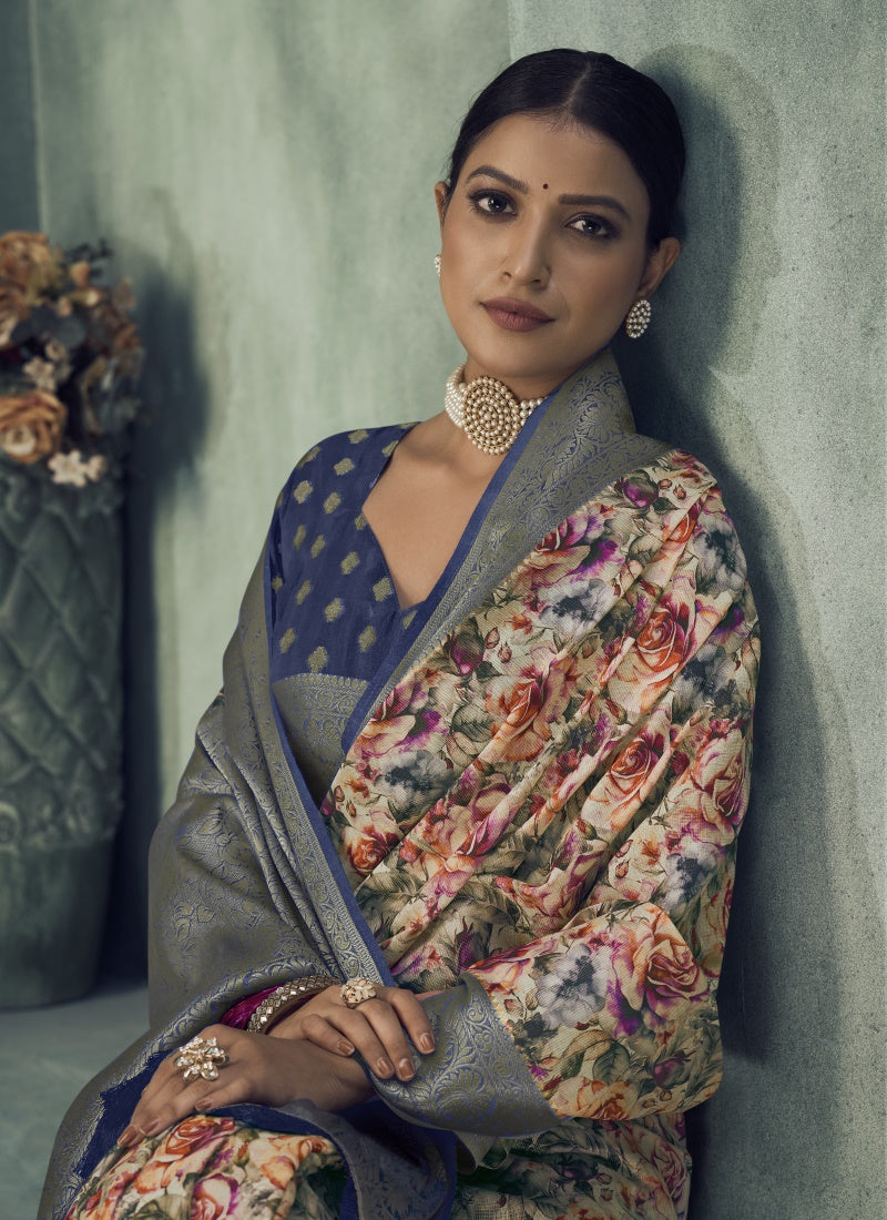 Blue Silk Digital Floral Printed Saree-2