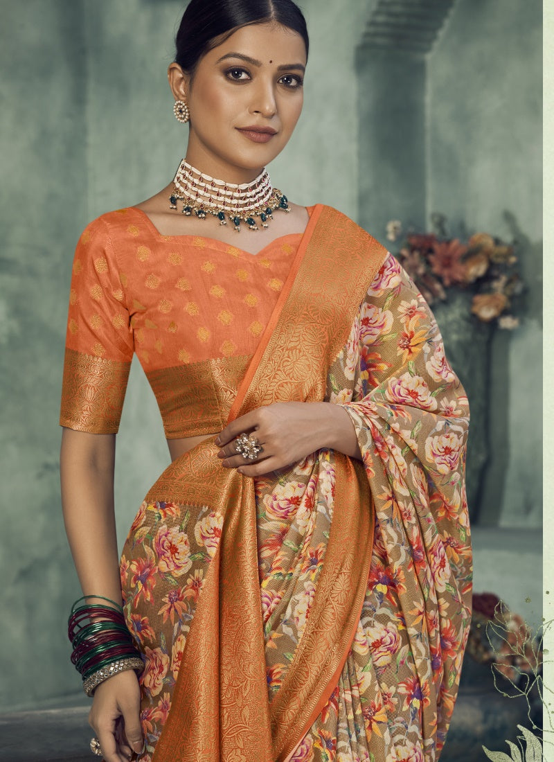 Orange Silk Digital Floral Printed Saree-2