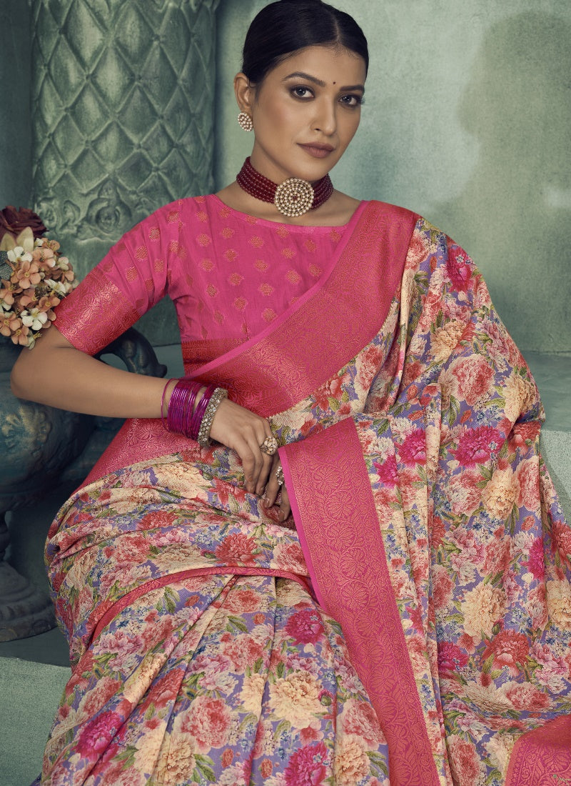 Magenta Silk Digital Floral Printed Saree-2