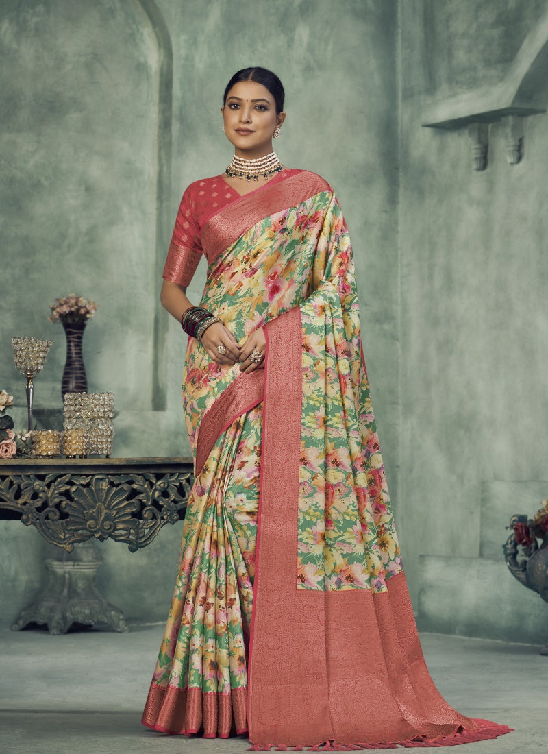 Maroon Silk Digital Floral Printed Saree