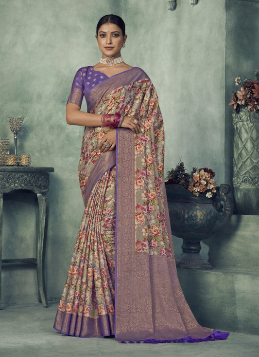 Blue Silk Digital Floral Printed Saree