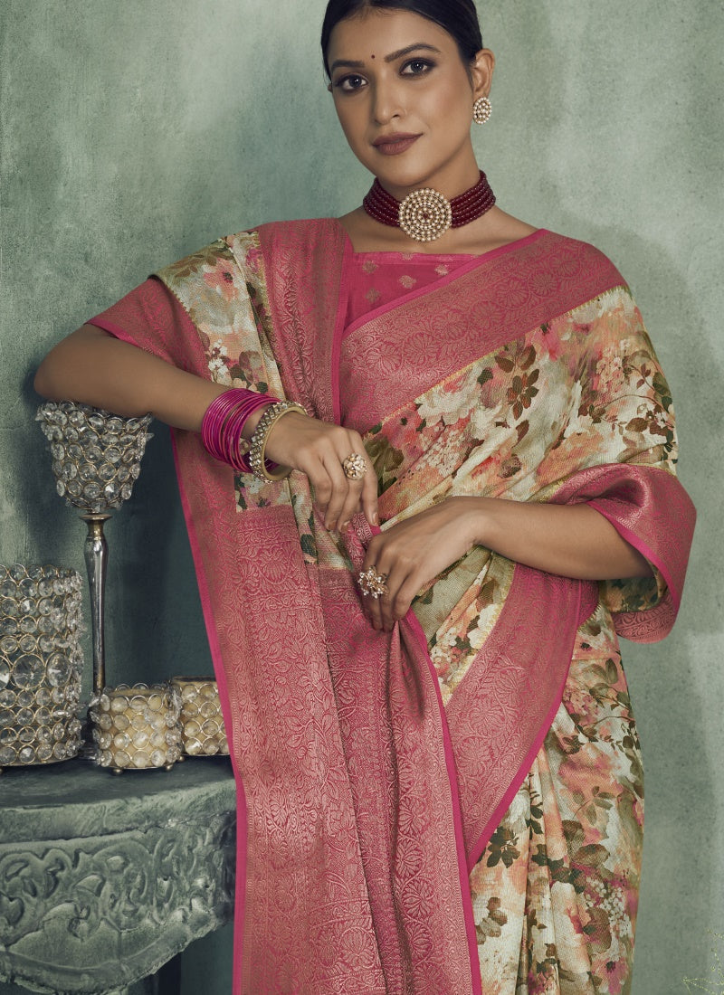 Pink Silk Digital Floral Printed Saree-2