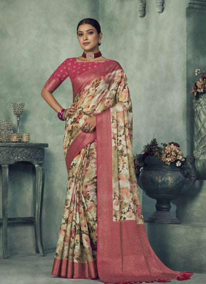 Pink Silk Digital Floral Printed Saree