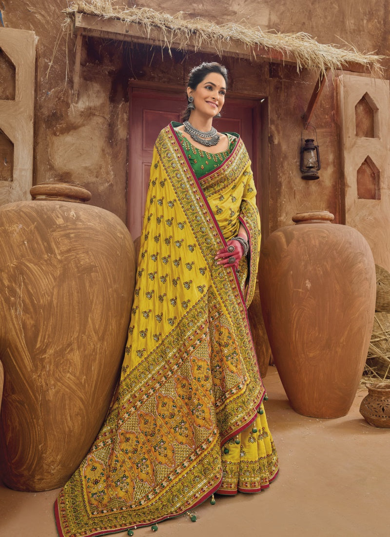 Yellow Banarasi Silk Saree With Kachhi Work, Mirror Work and Diamond Work