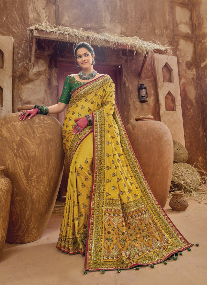 Yellow Banarasi Silk Saree With Kachhi Work, Mirror Work and Diamond Work-2