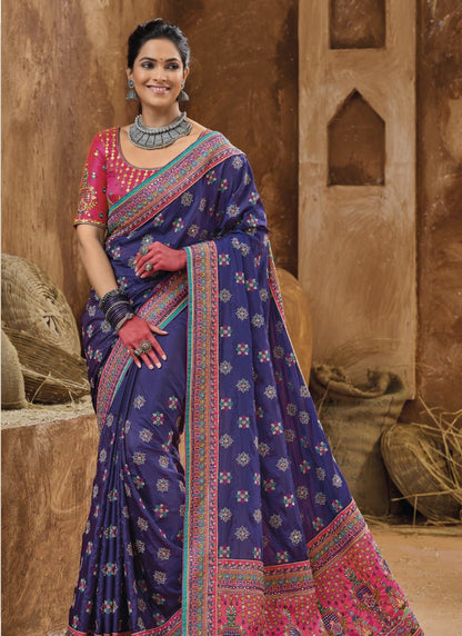 Blue Banarasi Silk Saree With Kachhi Work,  Mirror Work and Diamond Work