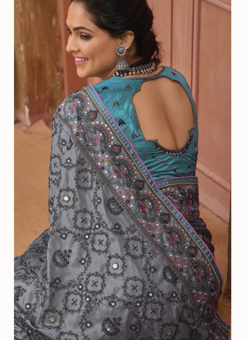 Gray Banarasi Silk Saree With Kachhi Work,  Mirror Work and Diamond Work-2