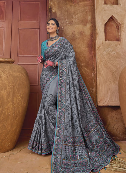 Gray Banarasi Silk Saree With Kachhi Work,  Mirror Work and Diamond Work