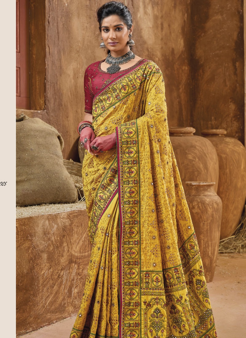 Yellow Banarasi Silk Saree With Kachhi Work,  Mirror Work and Diamond Work