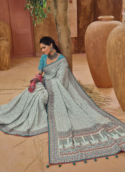 Sky Blue Banarasi Silk Saree With Kachhi Work,  Mirror Work and Diamond Work-2