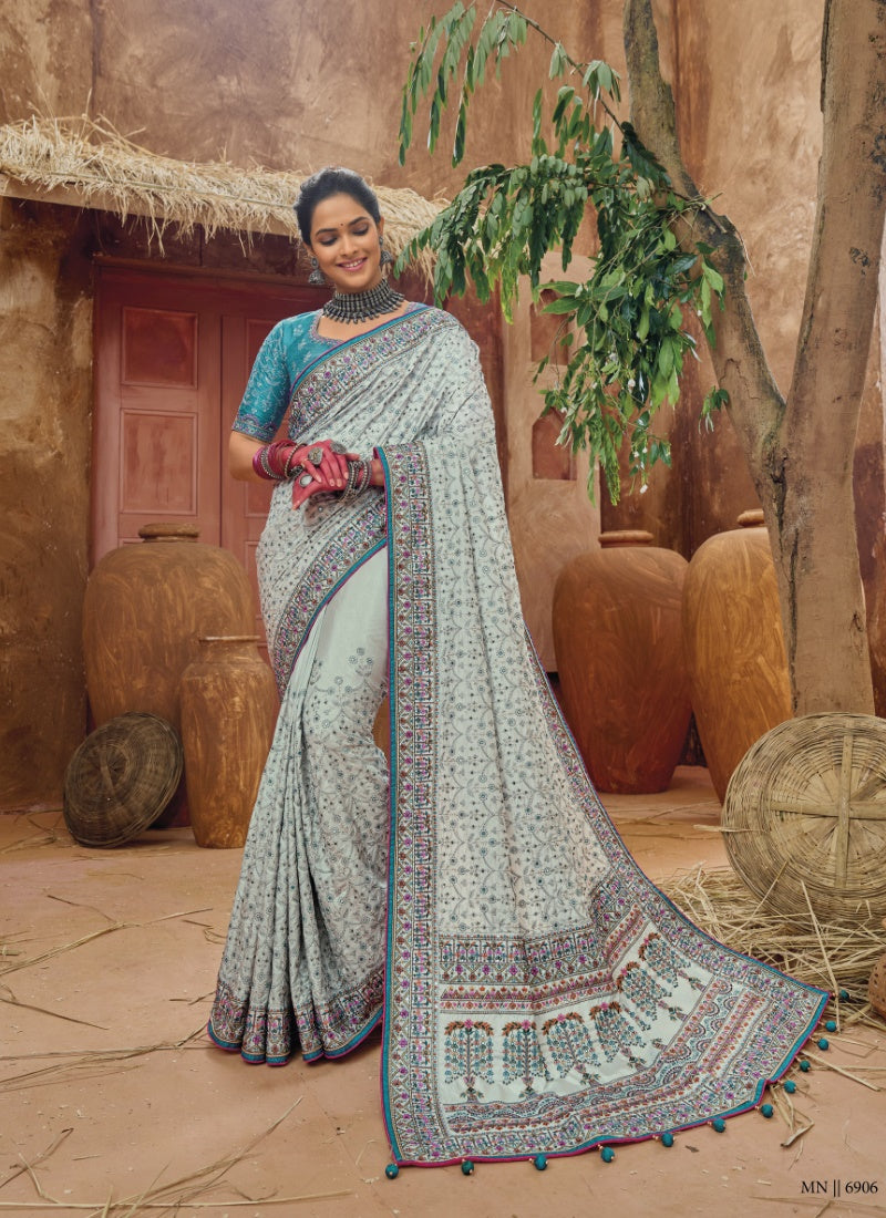 Sky Blue Banarasi Silk Saree With Kachhi Work,  Mirror Work and Diamond Work