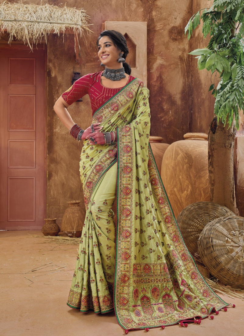 Pista Green Banarasi Silk Saree With Kachhi Work,  Mirror Work and Diamond Work