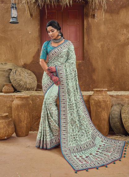 Sea Green Banarasi Silk Saree With Kachhi Work,  Mirror Work and Diamond Work