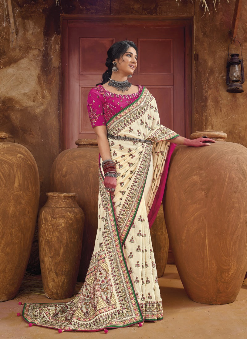 Cream Banarasi Silk Saree With Kachhi Work,  Mirror Work and Diamond Work