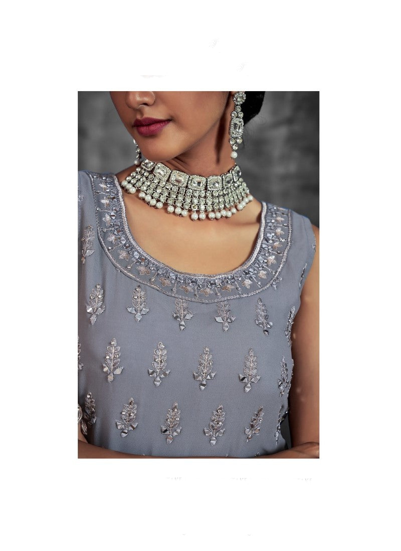 Dark Gray Georgette Sharara Suit with Mirror, Zari and Thread Work-2