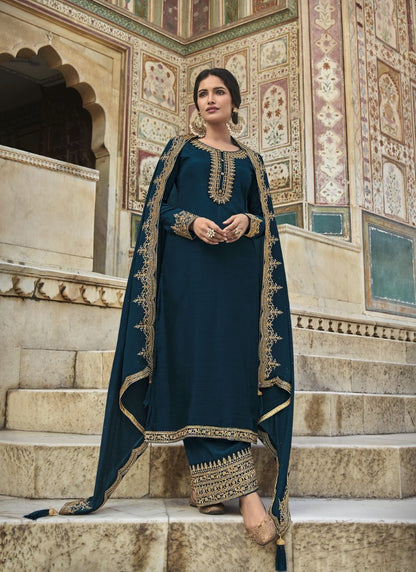 Teal Blue Silk Embroidered Straight Cut Palazzo Suit