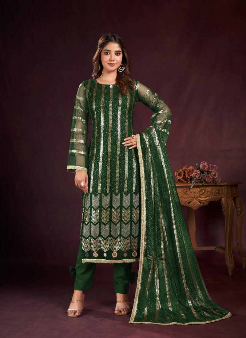 Green Pant Style Salwar Suit with Thread and Sequins Work