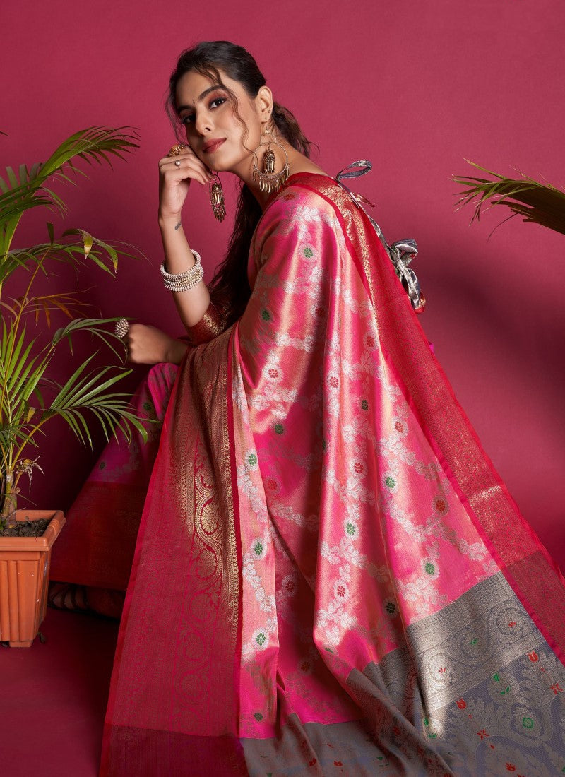 Pink Kanjivaram Silk Saree With Contrast Border-2