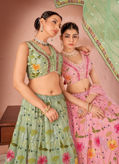 Pista Green Georgette Embroidered Lehenga Choli with Sequins and Thread Work-2