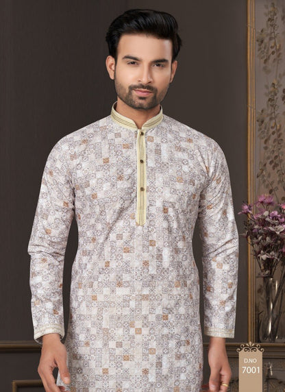 Off White Cotton Digital Print Kurta Pajama  with Lucknowi, Sequence, Thread and Pintex Work-2