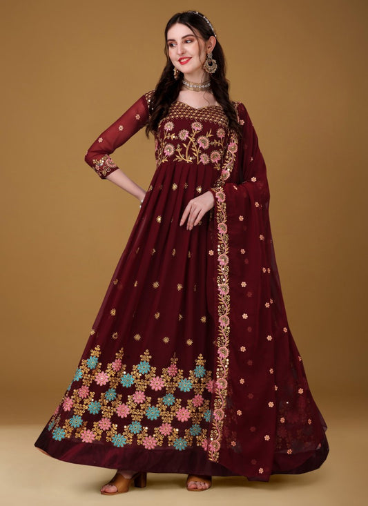 Maroon Georgette Embroidered Anarkali Suit