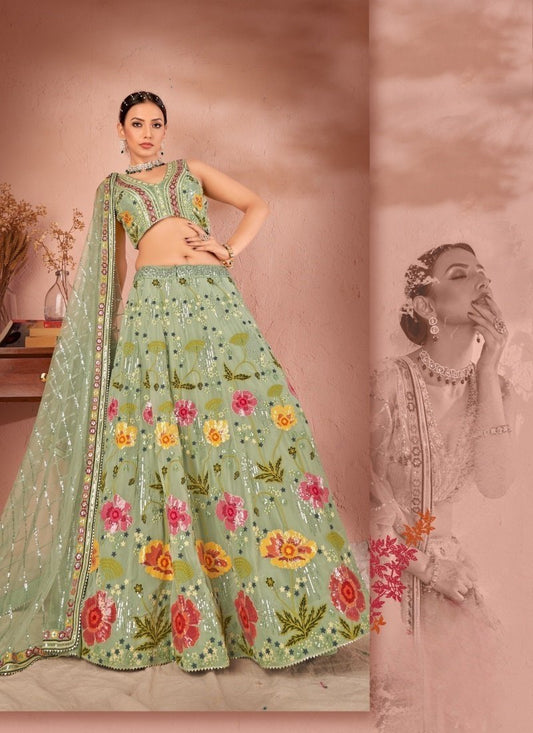 Pista Green Georgette Embroidered Lehenga Choli with Sequins and Thread Work