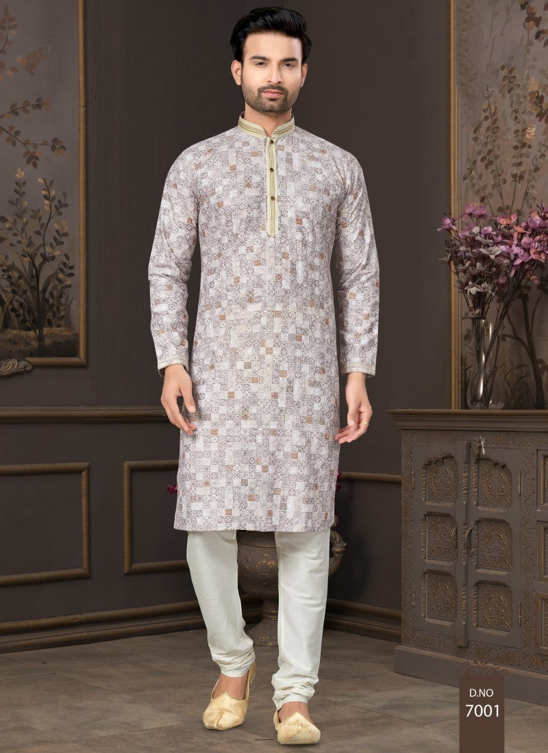 Off White Cotton Digital Print Kurta Pajama  with Lucknowi, Sequence, Thread and Pintex Work-2