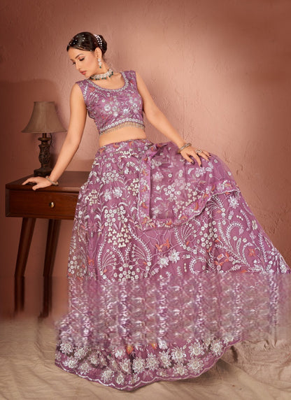 Lavender Net Embroidered Lehenga Choli with Sequins and Thread Work-2